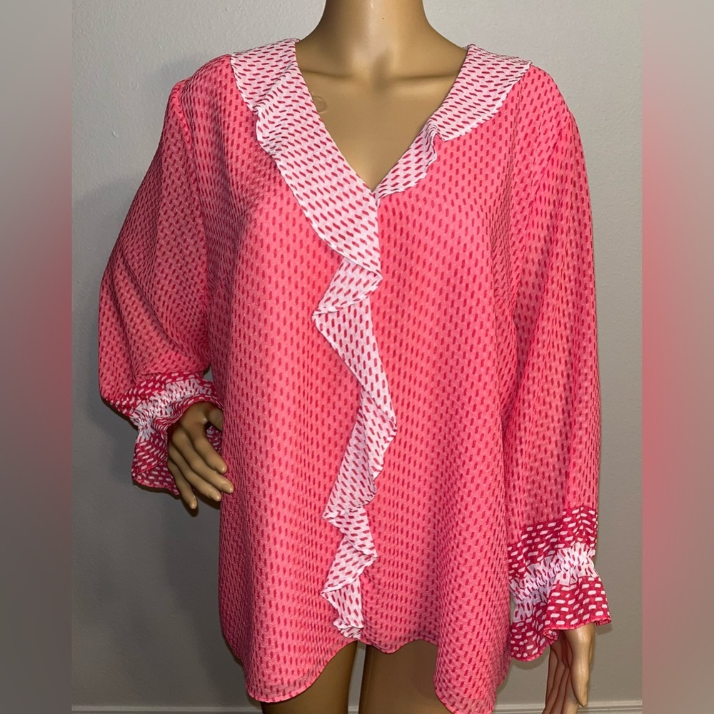 Investments Pink Ruffle V-Neck Blouse with White Contrast